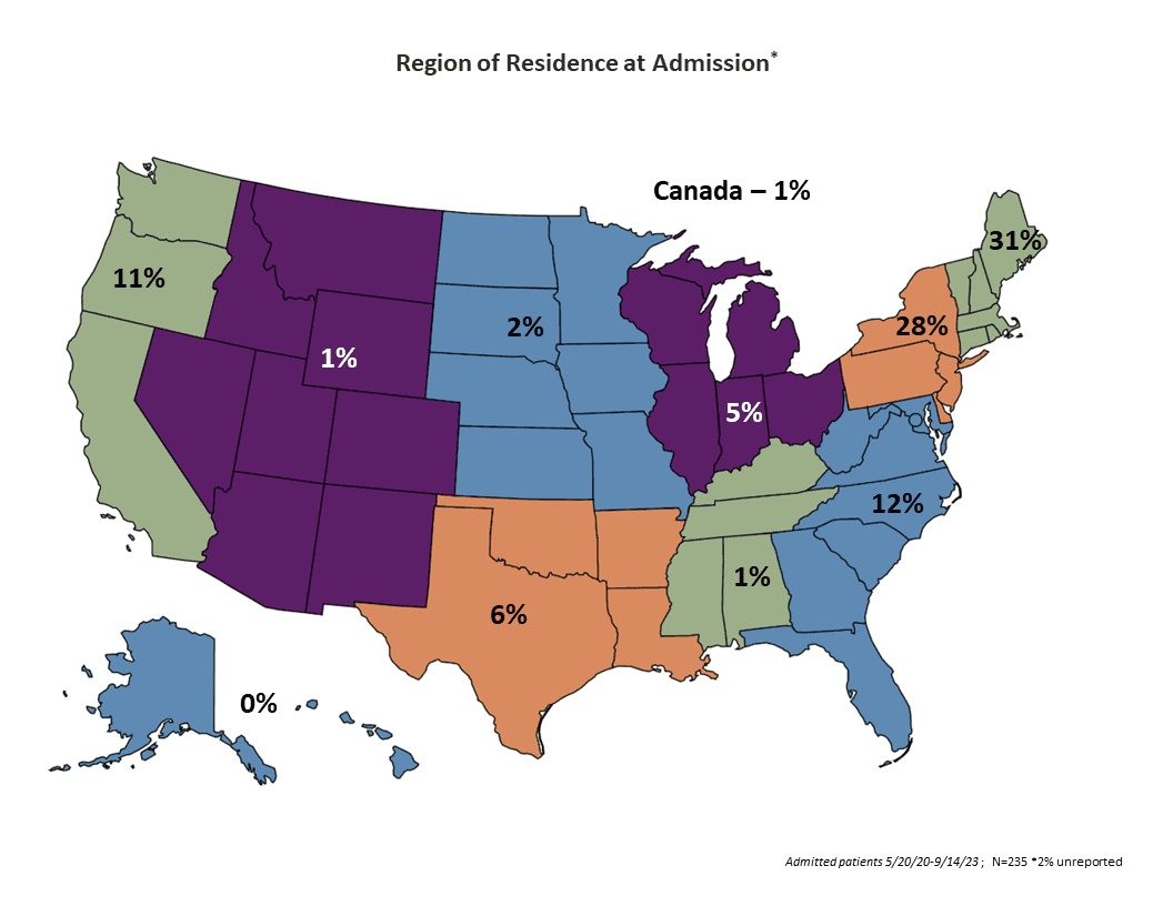 United States map showing most Riggs patients come from states on the eastern seaboard