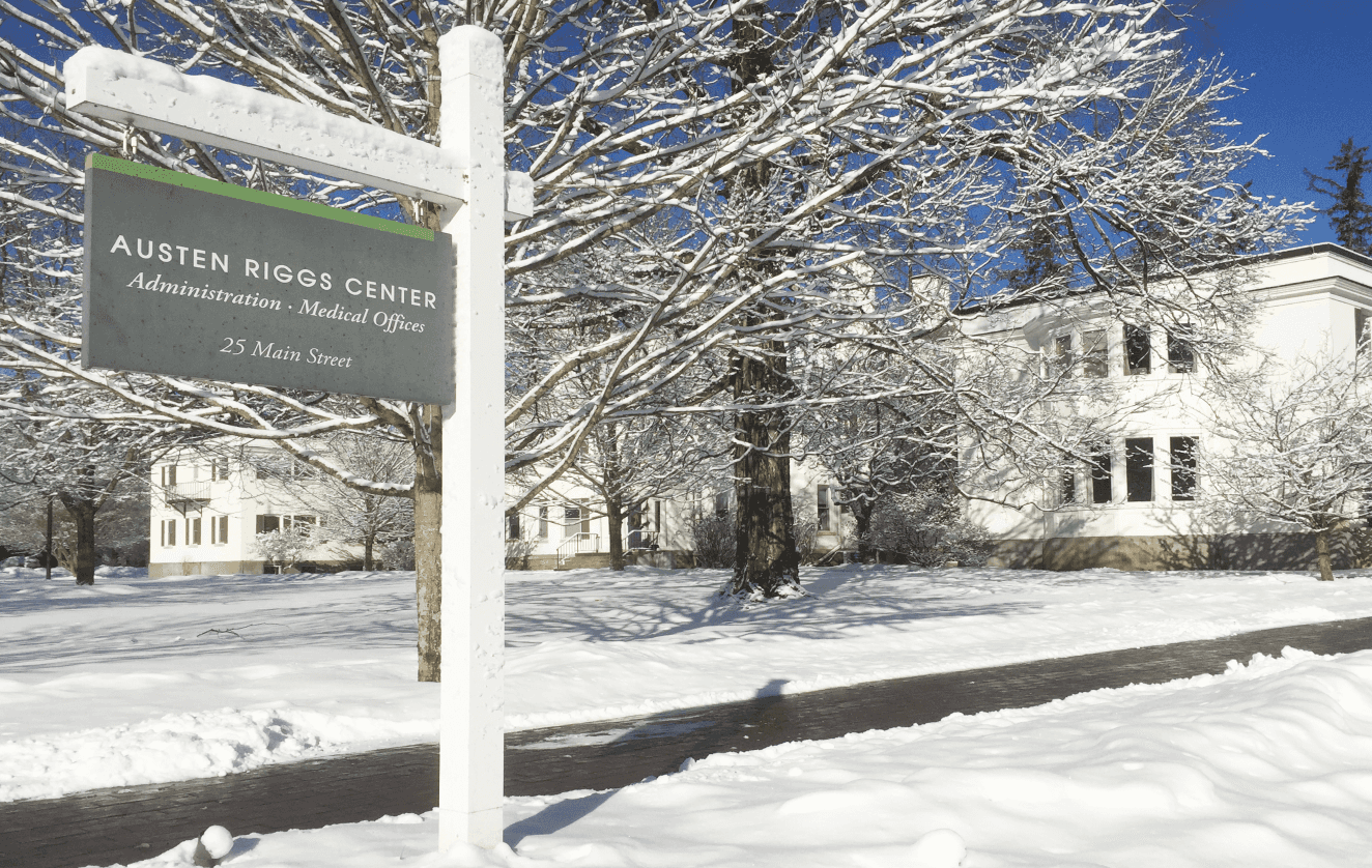 Outside photo Austen Riggs administrative and medical offices on a snowy winter day