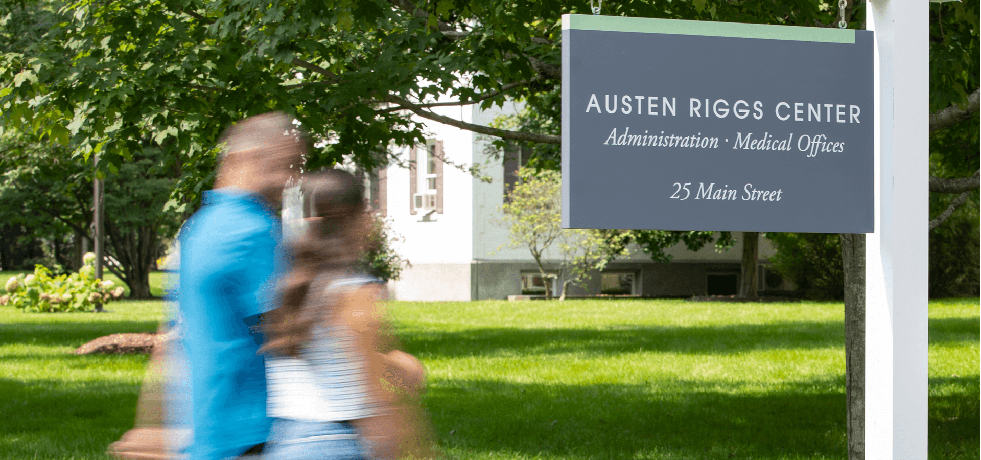 Sign for Austen Riggs Center administration and medical offices at 25 Main Street in Stockbridge, Massachusetts